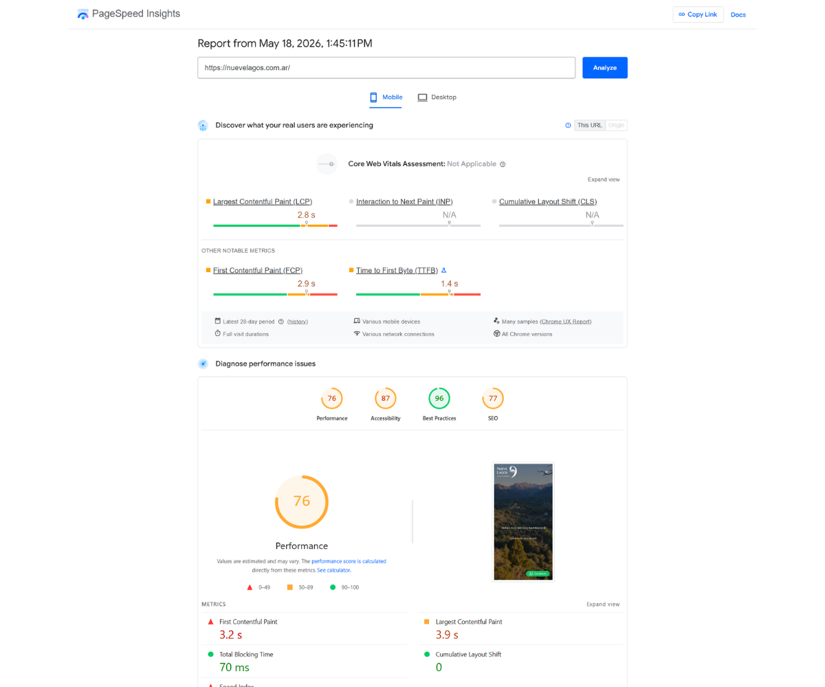 Google PageSpeed Insights mobile report showing a performance score of 76, accessibility 87, and LCP of 3.9 seconds
