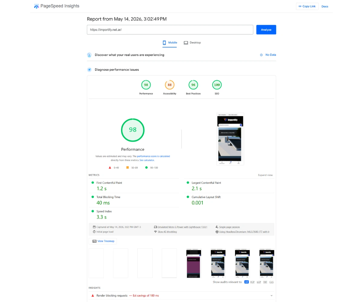 Google PageSpeed Insights mobile report showing a performance score of 98, accessibility 88, and LCP of 2.1 seconds